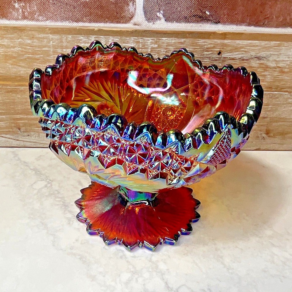 Fentan Iridescent Carnival Glass Starburst Pedestal Compote Bowl 7 in dia